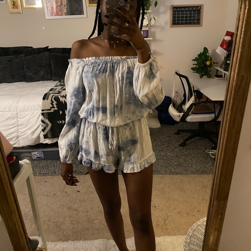 sky tie dye off the shoulder romper